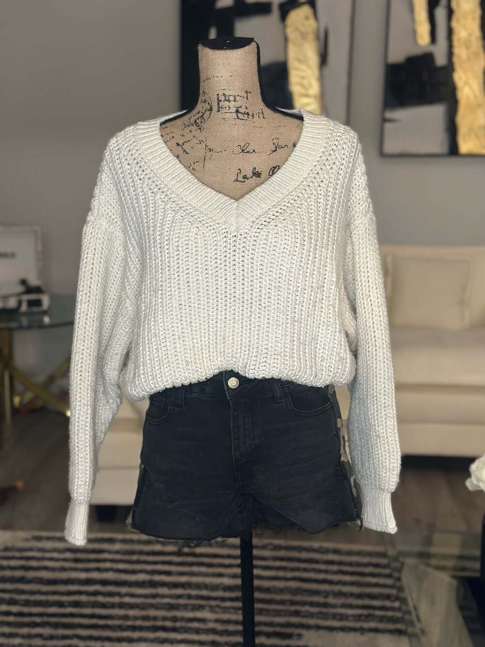 H&M Cream V-Neck Chunky Ribbed Knit Oversized Sweater